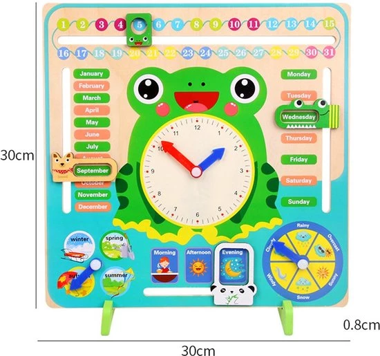 Buxibo - Kleurrijke Houten Leerklok Kikker - Speelgoedklok - Kalenderklok - Oefenklok - Educatief Speelgoed - Leerhulpmiddel - Multicolor 5 Buxibo - Kleurrijke Houten Leerklok Kikker - Speelgoedklok - Kalenderklok - Oefenklok - Educatief Speelgoed - Leerhulpmiddel - Multicolor - Afbeelding 3