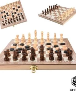 Shagam 3-in-1 Bordspel - 29 Cm - Schaakbord - Dambord - Backgammon - Schaakspel - Schaakset - Schaken - Dammen - Met Schaakstukken - Chess - Hout - Opklapbaar