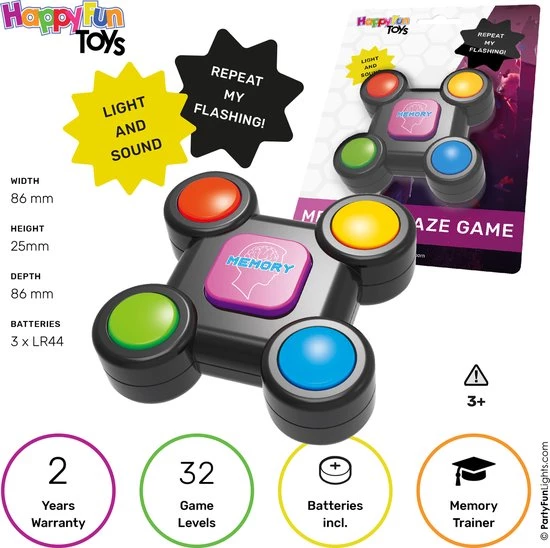 HappyFunToys - Flashing Memory Amaze Game - Geheugenspel Met Licht En Geluidseffecten - Denkspel - Reisspel - Zakspel - Inclusief 3x LR44 Batterijen 7 HappyFunToys - Flashing Memory Amaze Game - Geheugenspel Met Licht En Geluidseffecten - Denkspel - Reisspel - Zakspel - Inclusief 3x LR44 Batterijen - Afbeelding 5