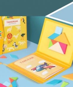 Tangram Puzzel Woodiness Puzzel Voor Kinderen 96 Puzzels - Magnetische Tangram Puzzelboekje/Magneetboekje - Educatief Speelgoed - Vormenpuzzel, Houtenpuzzel Geel