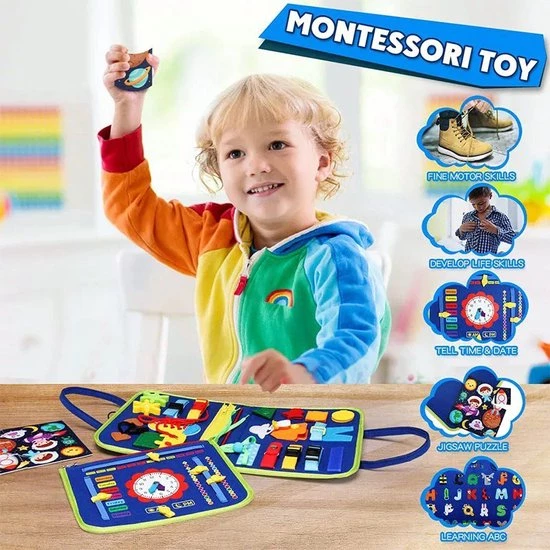 EverToys Busy Board - 4-delige Vaardigheden - Klok Lezen - Motoriek Map Voor Thuis En Onderweg - Leren Veter Strikken - Activiteitenbord - 25 Zelfkleden Vaardigheden Kinderen - Educatief Spel - Blauw 6 EverToys Busy Board - 4-delige Vaardigheden - Klok Lezen - Motoriek Map Voor Thuis En Onderweg - Leren Veter Strikken - Activiteitenbord - 25 Zelfkleden Vaardigheden Kinderen - Educatief Spel - Blauw - Afbeelding 4