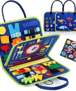 EverToys Busy Board - 4-delige Vaardigheden - Klok Lezen - Motoriek Map Voor Thuis En Onderweg - Leren Veter Strikken - Activiteitenbord - 25 Zelfkleden Vaardigheden Kinderen - Educatief Spel - Blauw