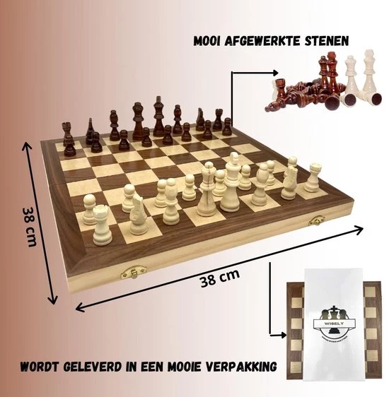 Wisely - Luxe Schaakspel - Schaakset XL - Schaken - Schaakbord Met Schaakstukken - Gratis Schaakboekje Met Openingszetten -Hout - Inklapbaar - 38cm Bij 38cm 6 Wisely - Luxe Schaakspel - Schaakset XL - Schaken - Schaakbord Met Schaakstukken - Gratis Schaakboekje Met Openingszetten -Hout - Inklapbaar - 38cm Bij 38cm - Afbeelding 4