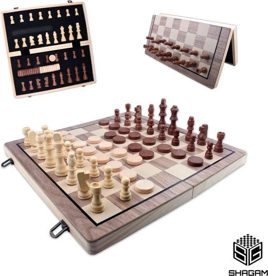 Shagam 2-in-1 Bordspel - 39 Cm - Magnetisch - Schaakbord - Dambord - Backgammon - Schaakspel - Schaakset - Schaken - Dammen - Met Schaakstukken - Chess - Hout - Opklapbaar 3 Shagam 2-in-1 Bordspel - 39 Cm - Magnetisch - Schaakbord - Dambord - Backgammon - Schaakspel - Schaakset - Schaken - Dammen - Met Schaakstukken - Chess - Hout - Opklapbaar