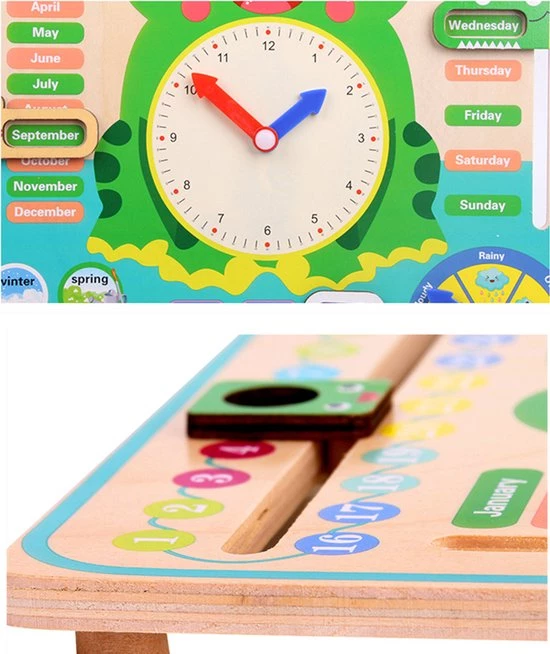 Buxibo - Kleurrijke Houten Leerklok Kikker - Speelgoedklok - Kalenderklok - Oefenklok - Educatief Speelgoed - Leerhulpmiddel - Multicolor 4 Buxibo - Kleurrijke Houten Leerklok Kikker - Speelgoedklok - Kalenderklok - Oefenklok - Educatief Speelgoed - Leerhulpmiddel - Multicolor - Afbeelding 2